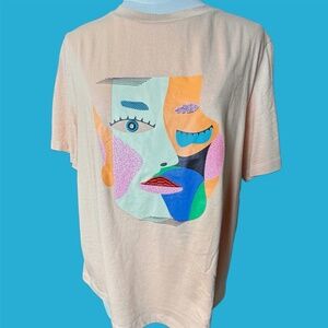 Size LARGE T Shirt With Abstract Woman’s Face Embroidered Detail